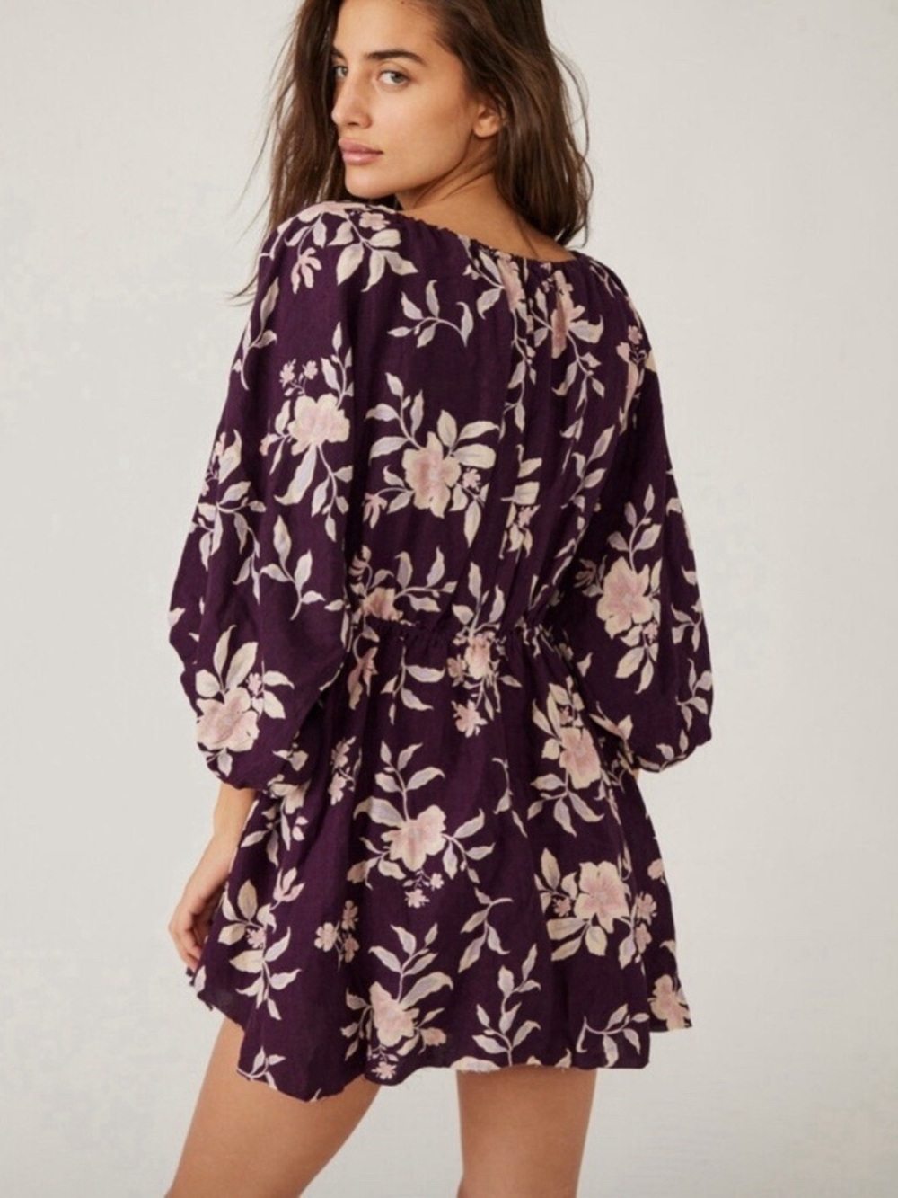 NWT Free People Purple Floral Babydoll Dress with Puff Sleeves